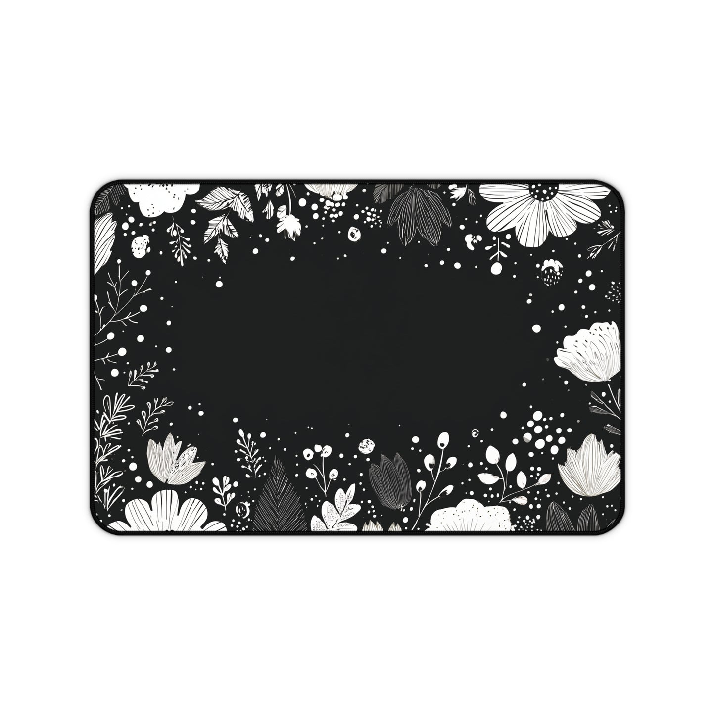 Night Garden Desk Mat: Whimsical White Flowers on Black
