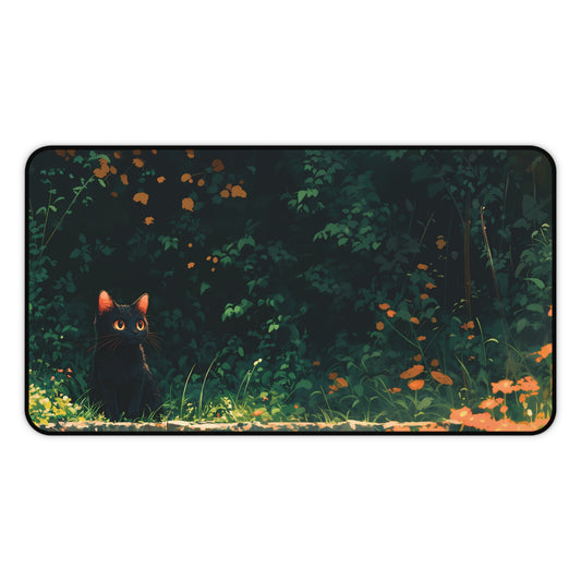 Dark Garden Desk Mat, Black Cat Mouse Pad Lofi, Aesthetic Plants Desk Pad