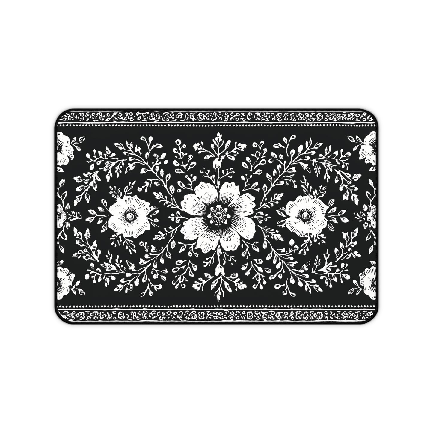 Black Floral Desk Mat: Botanical Folk Art Design