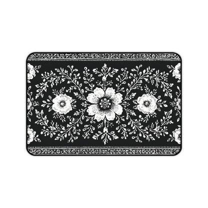 Black Floral Desk Mat: Botanical Folk Art Design