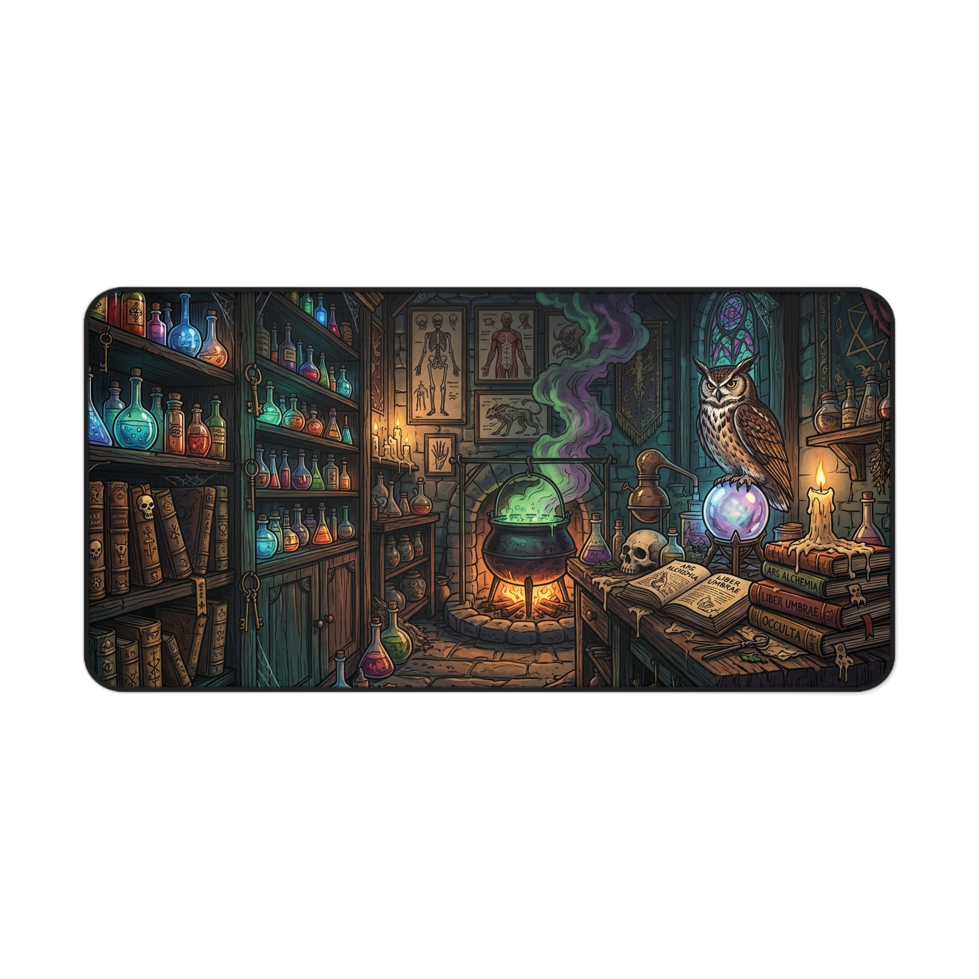 A rectangular desk mat featuring a detailed fantasy illustration of a witch's laboratory with a cauldron, glowing potions, candles, an owl, and an open book, shown on a plain white background.