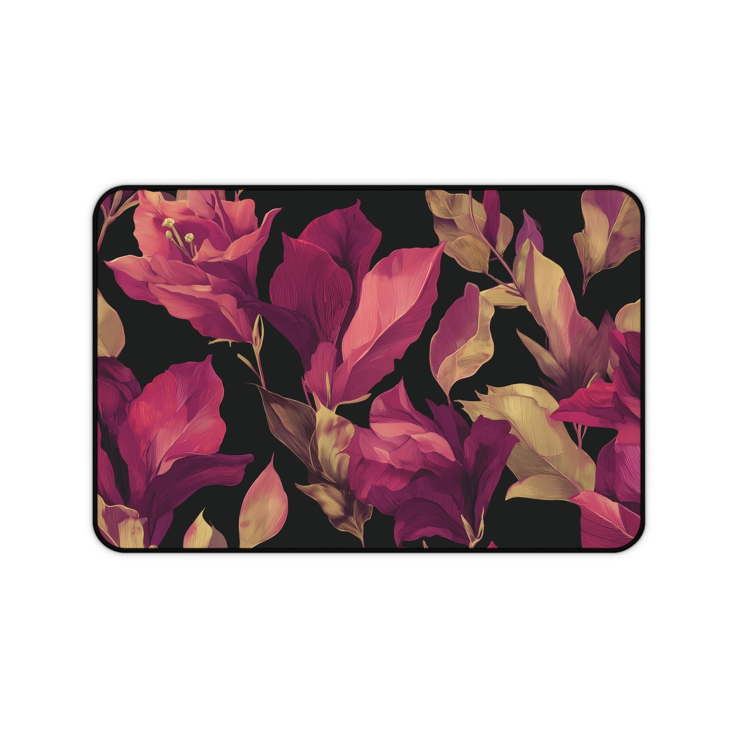 Magenta Lily Desk Mat: Burgundy & Gold Botanical on Black