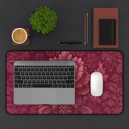 Burgundy Peony Desk Mat: Baroque Damask Floral Design