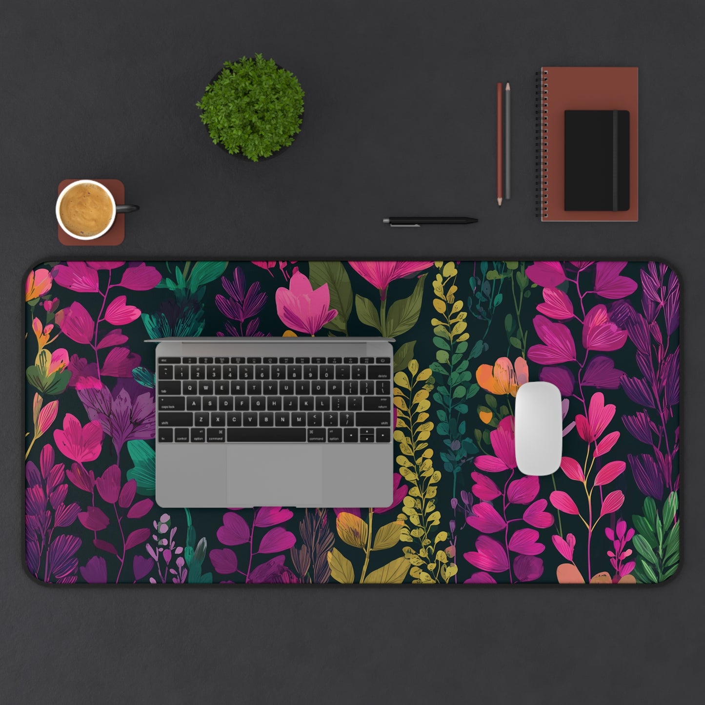 Floral Desk Mat Pink Green & Purple, Colorful Flowers Desk Pad