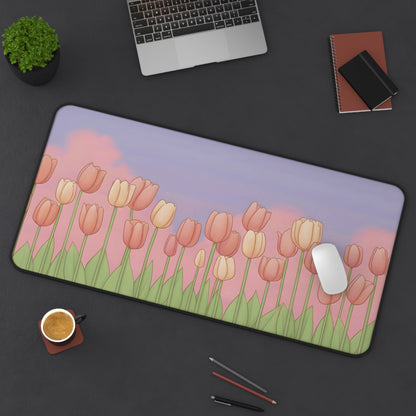 Pink Tulip Desk Mat: Soft Spring Kawaii Mouse Pad