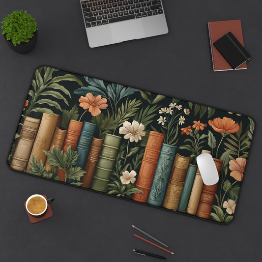 Vintage Library Desk Mat: Books & Wildflowers Botanical Print