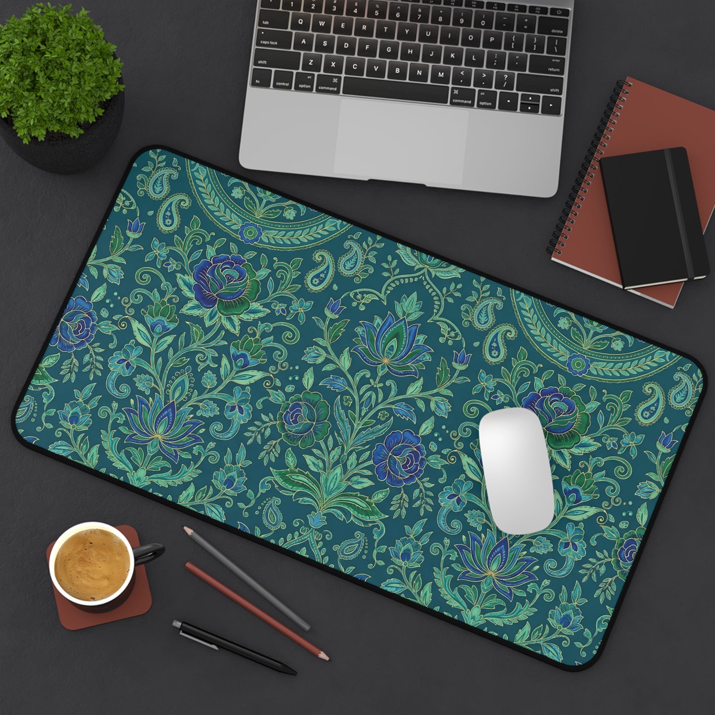 Teal Paisley Desk Mat: Boho Floral Design