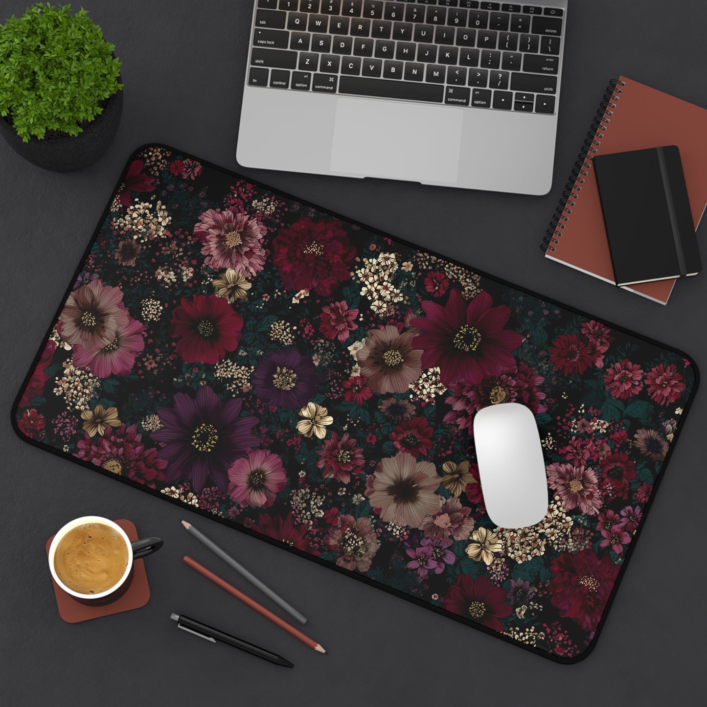 Dark Floral Desk Mat: Moody Burgundy & Plum Flower Print