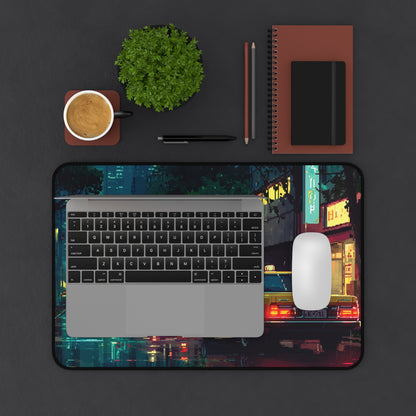 Pixel Art Desk Mat: Rainy Neon City Mouse Pad