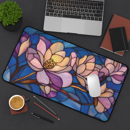 Stained Glass Style Magnolia Desk Mat: Pink & Blue Floral MousePad