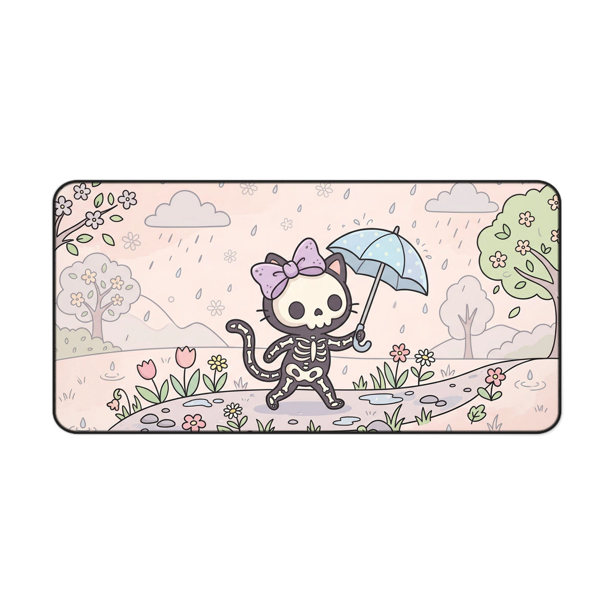 Skeleton cat desk mat with umbrella, cute floral rain scene, pink border and rounded corners