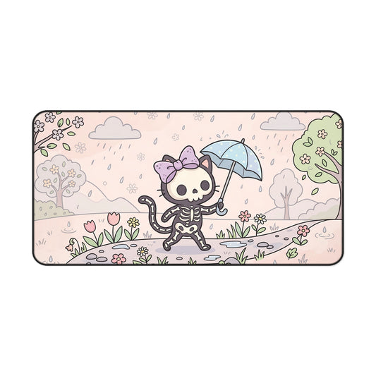 Skeleton cat desk mat with umbrella, cute floral rain scene, pink border and rounded corners