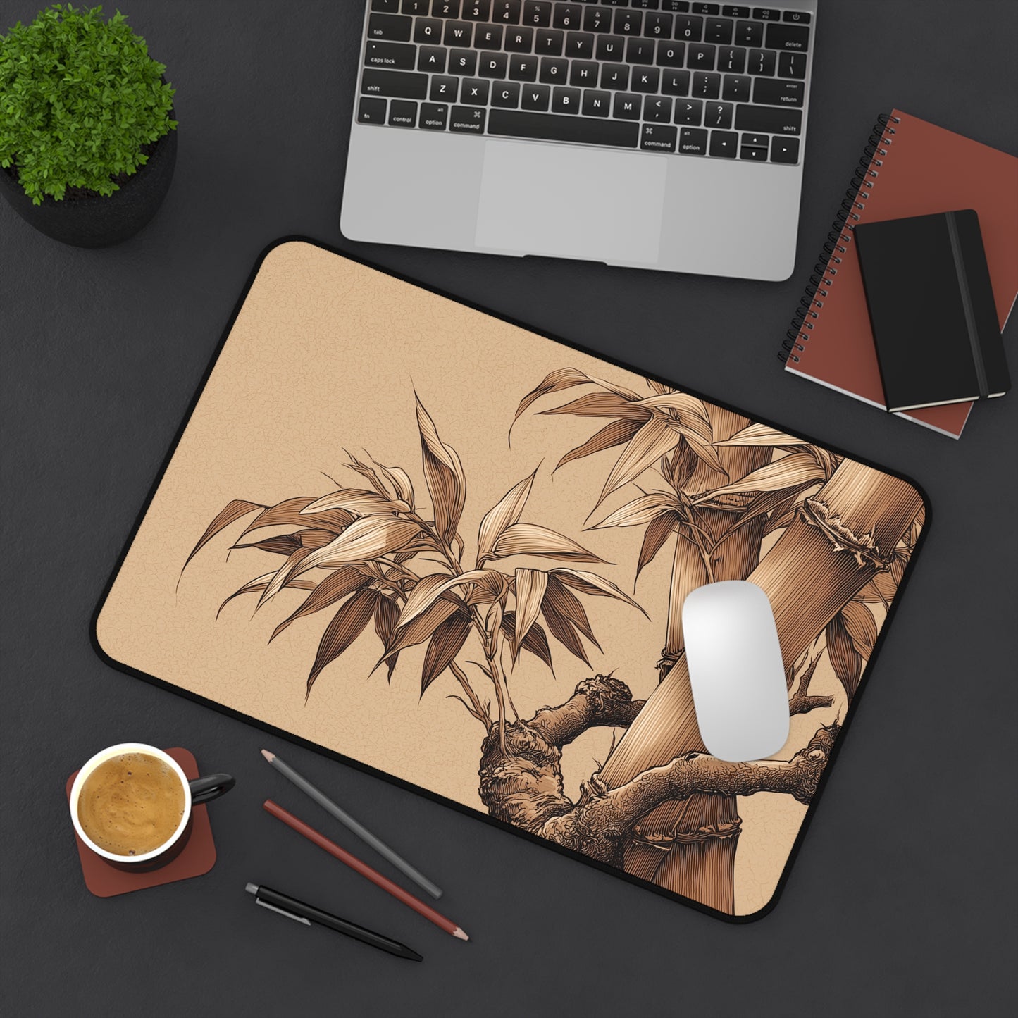 Bamboo Line Art Desk Mat: Beige & Minimalist Zen Mouse Pad