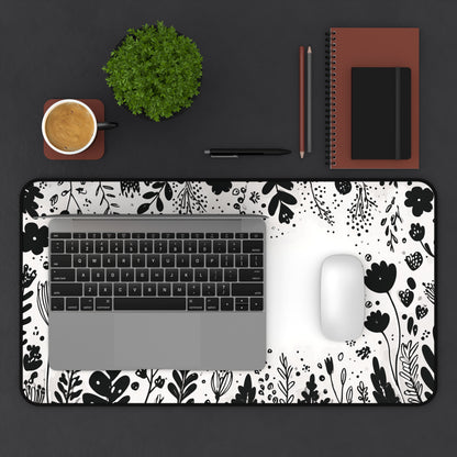 White Desk Mat: Minimalist Black Flowers Desk Pad