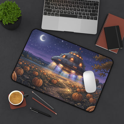 A large rectangular desk mat with a whimsical illustrated design of a glowing flying saucer over a pumpkin patch at night, shown in a styled workspace flat-lay with a laptop, coffee cup, pens, notebook, and plant on a dark gray surface.