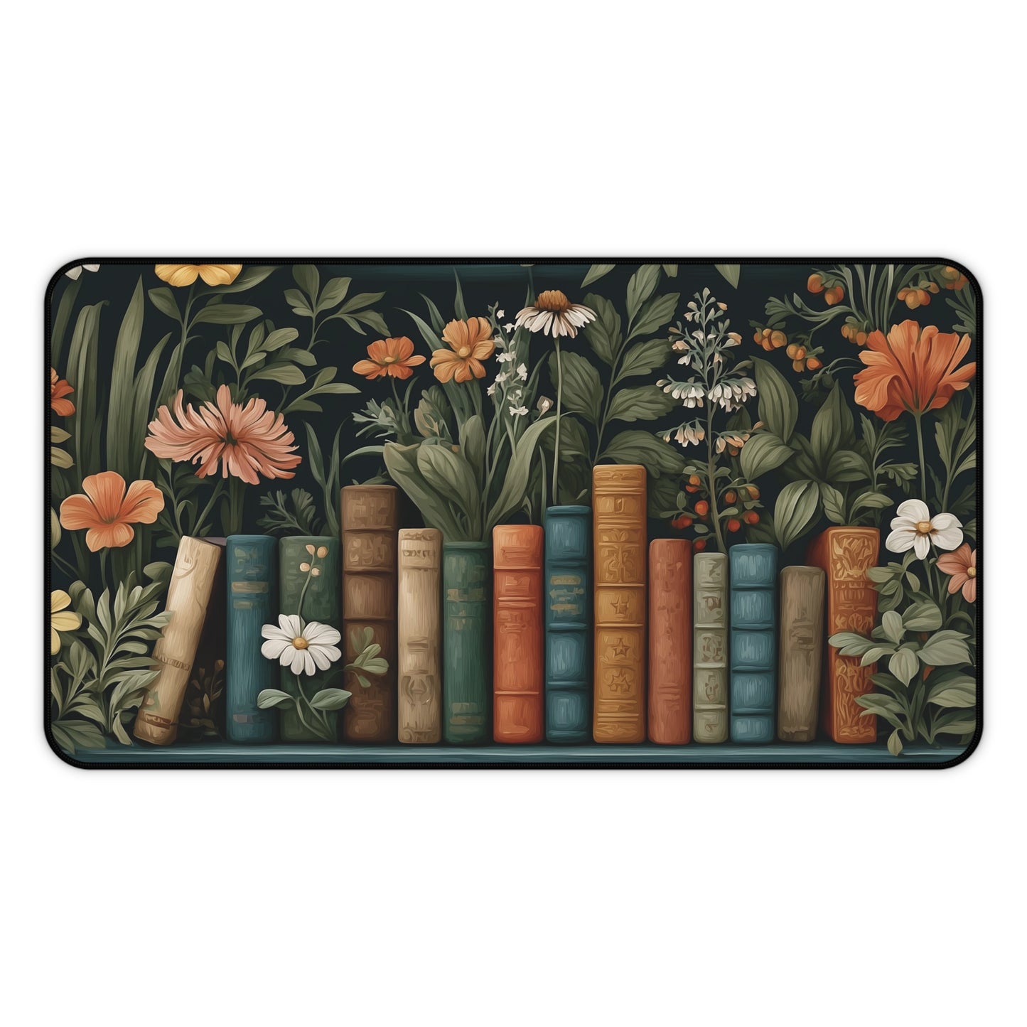 Bookshelf Desk Mat: Dark Academia Botanical Library Design