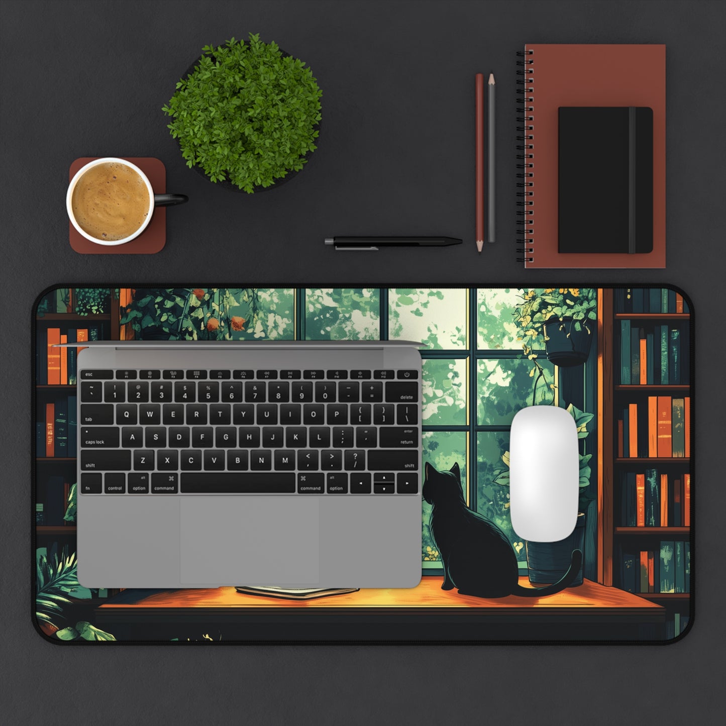 Books Plants and Cat Desk Mat, Cozy Large MousePad for Gaming or Office Decor
