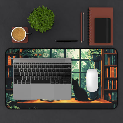 Books Plants and Cat Desk Mat, Cozy Large MousePad for Gaming or Office Decor