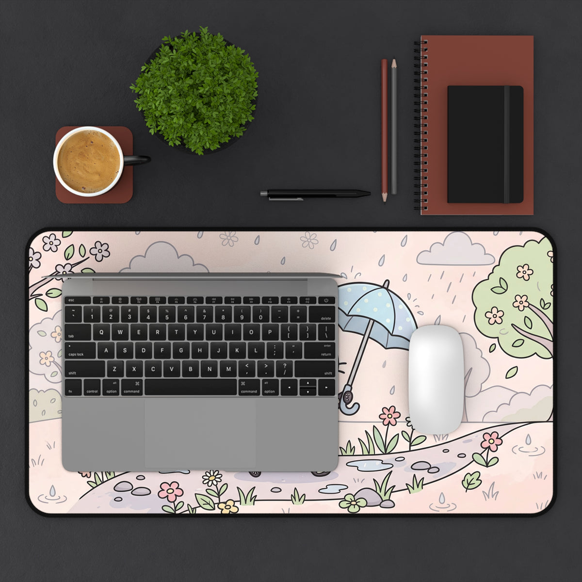 Skeleton cat desk mat with umbrella cat, rain clouds and flowers, rounded corners and black trim