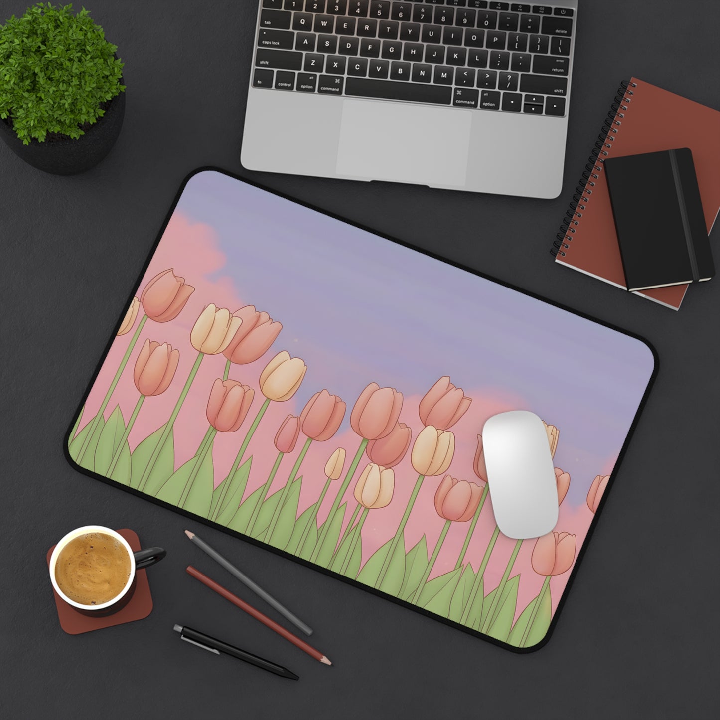 Pink Tulip Desk Mat: Soft Spring Kawaii Mouse Pad