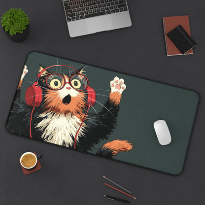 Cat with Headphones Desk Mat: Funny Calico Cat Mouse Pad