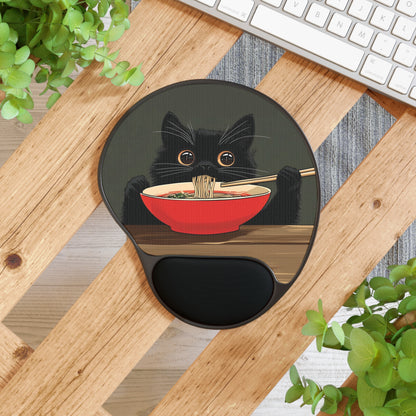 Ergonomic Black Cat Eating Ramen Mouse Pad with Wrist Rest