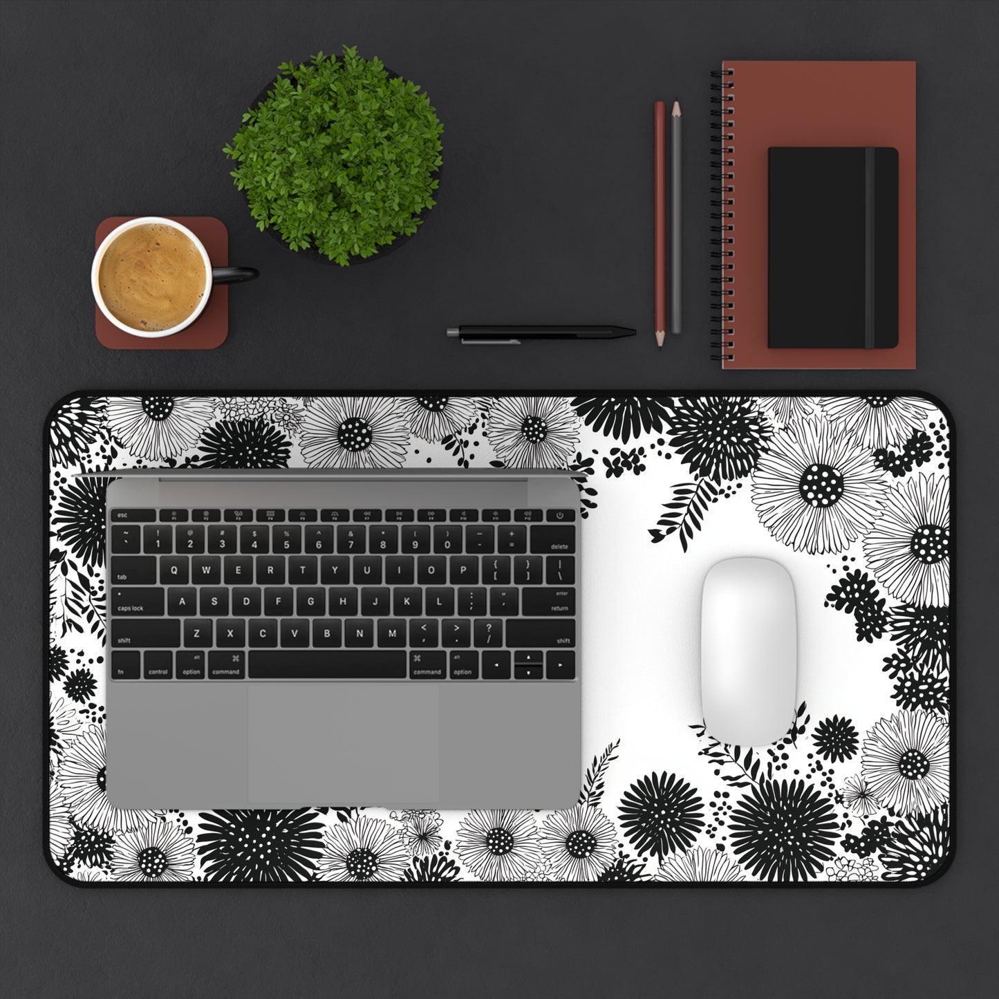 White Floral Desk Mat: Black Ink Flower Border Design