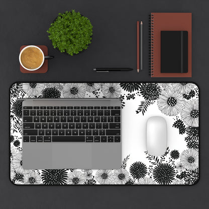 White Floral Desk Mat: Black Ink Flower Border Design
