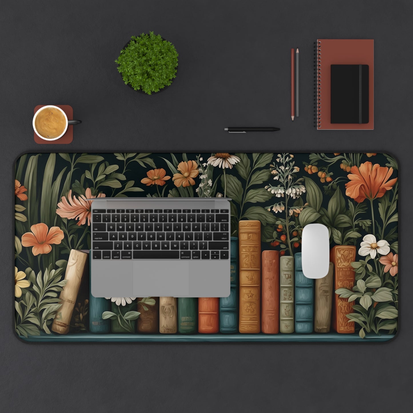 Bookshelf Desk Mat: Dark Academia Botanical Library Design