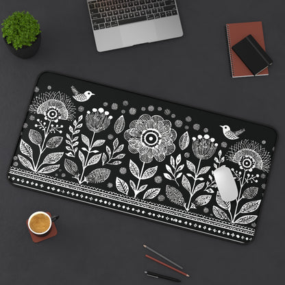 Folk Art Floral Desk Mat: Scandinavian Black & White Mouse Pad XL