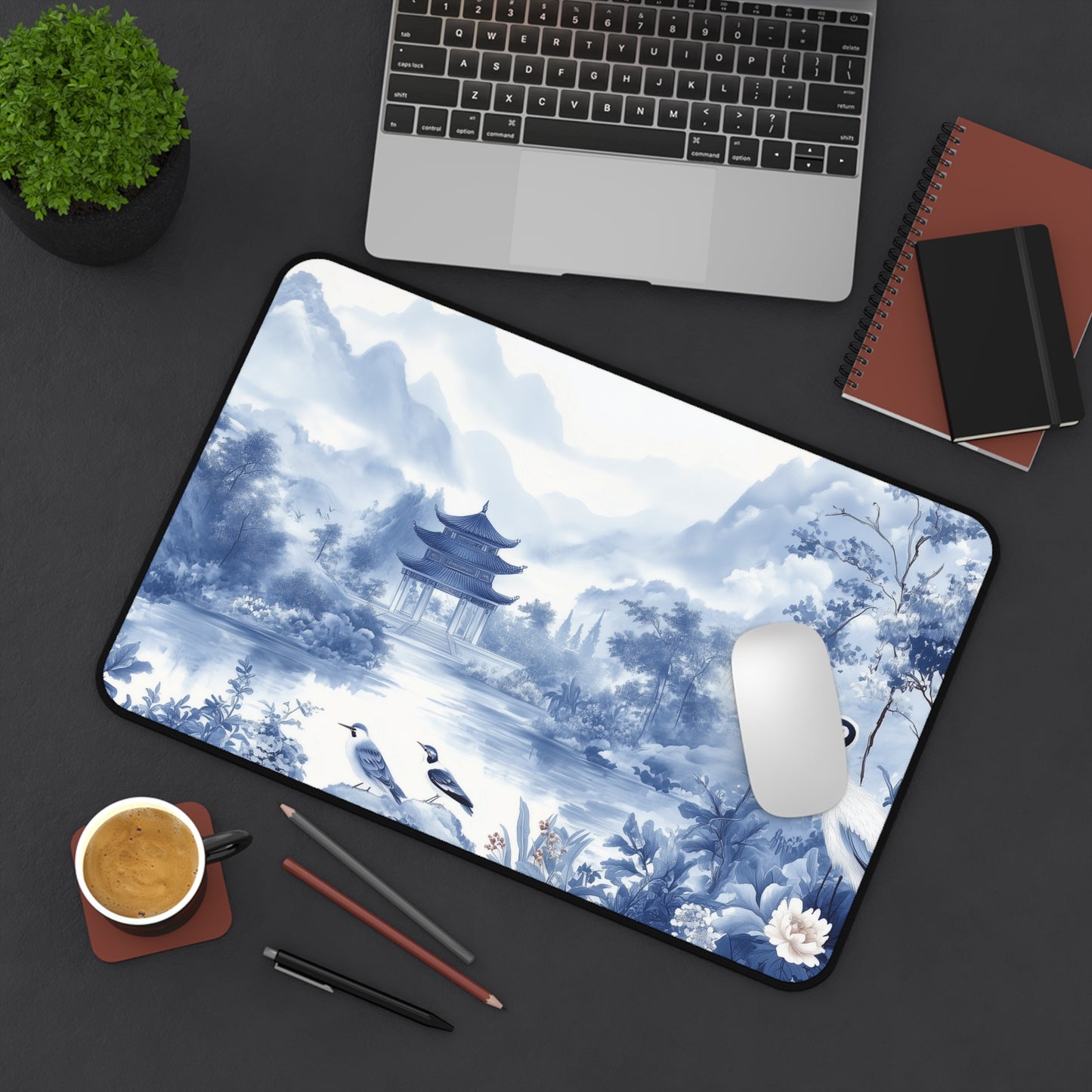Blue Landscape Desk Mat Chinoiserie Aesthetic