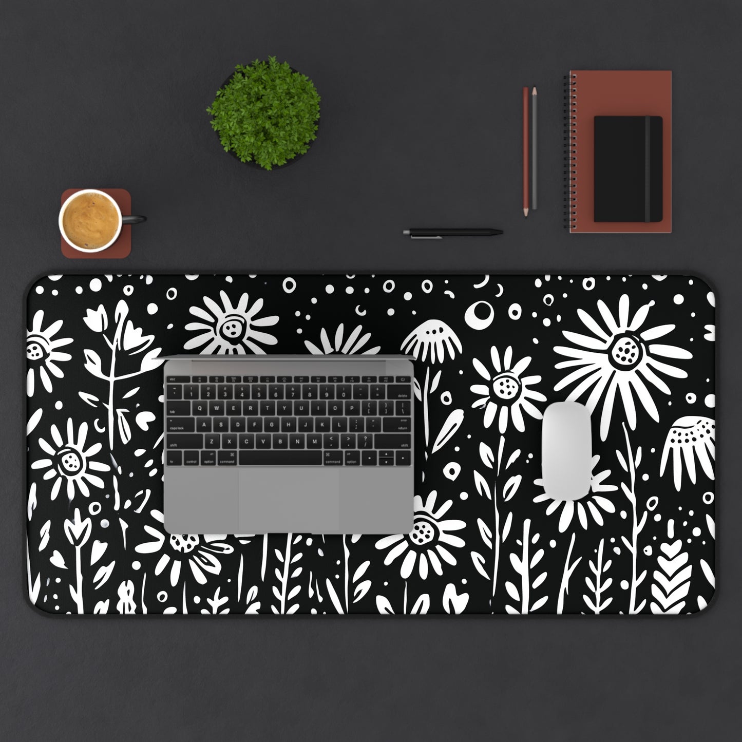 Wildflower Desk Mat: Hand-Drawn Doodle Floral in Black & White