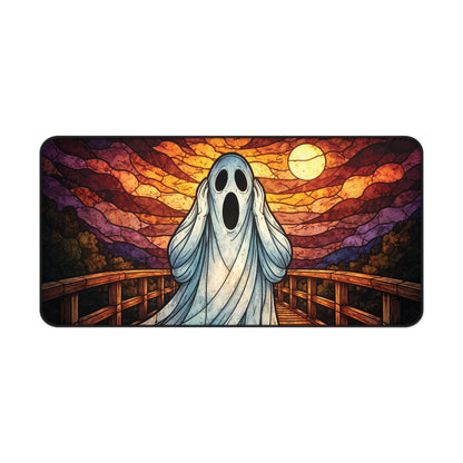 Halloween ghost desk mat, blue ghost over sunset stained-glass bridge and glowing lights