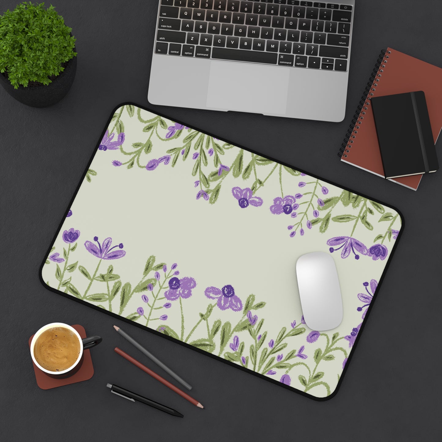 Lavender Floral Desk Mat: Purple Flowers on Sage Green