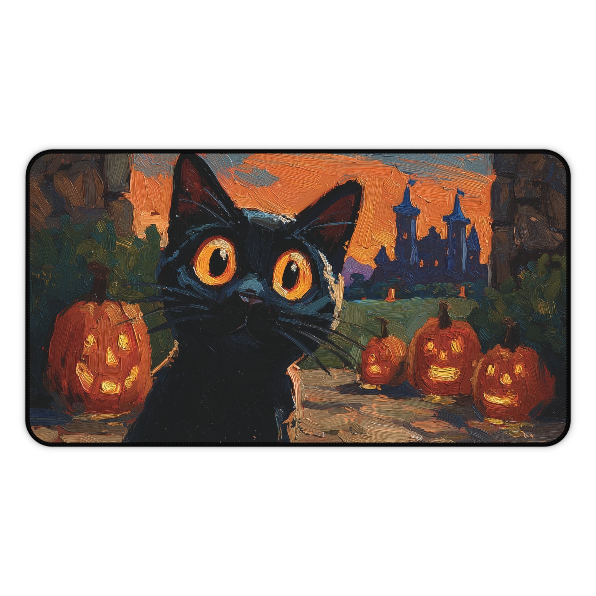 A rectangular floor mat with rounded corners featuring a painted Halloween scene of a large black cat with glowing orange eyes, surrounded by carved pumpkins and a haunted house in the background.