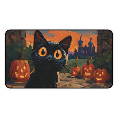 A rectangular floor mat with rounded corners featuring a painted Halloween scene of a large black cat with glowing orange eyes, surrounded by carved pumpkins and a haunted house in the background.