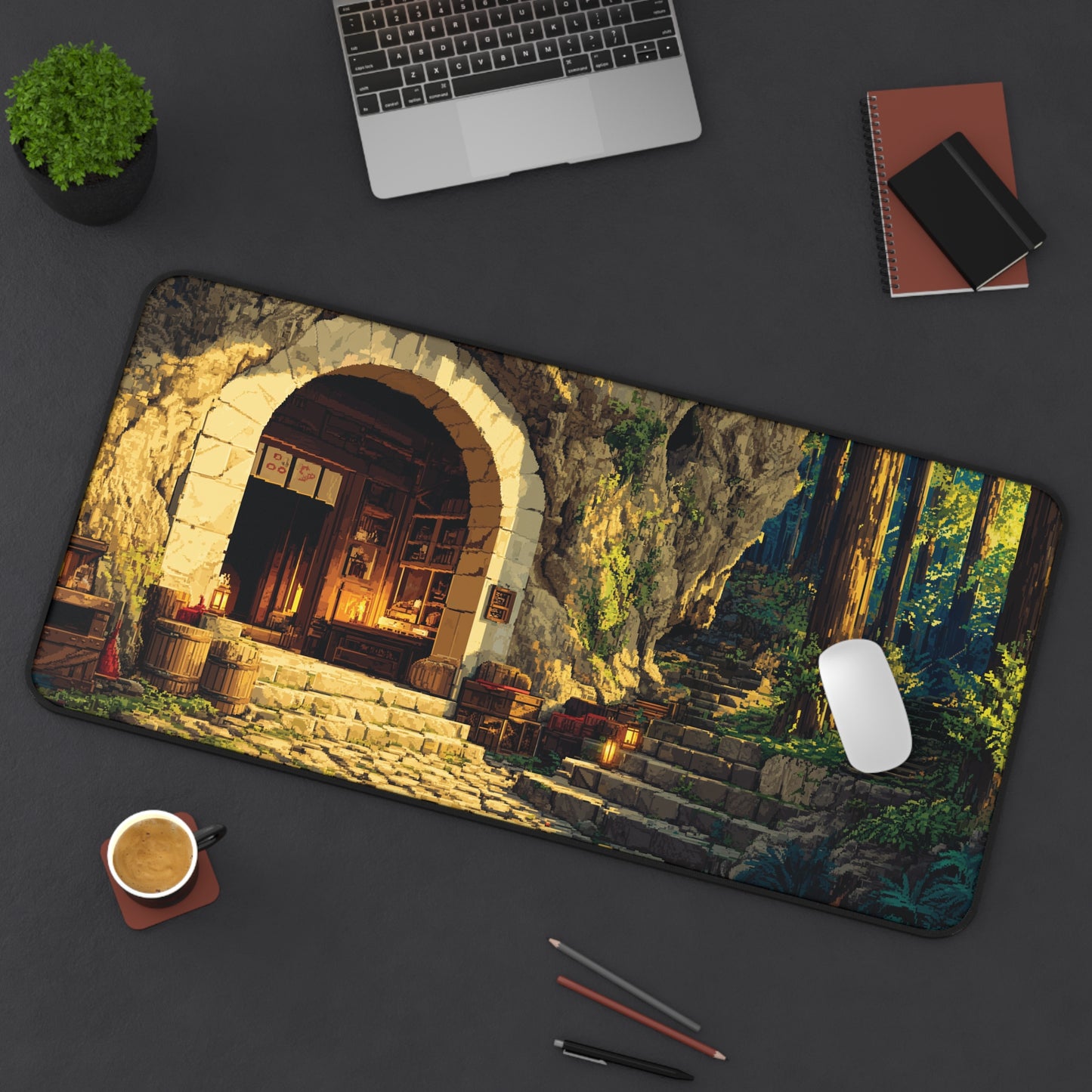 Pixel Art Desk Mat: Forest Cave Mouse Pad