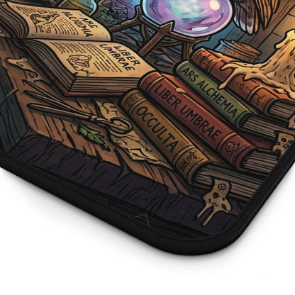 A close-up of a black-edged mouse pad featuring a detailed fantasy illustration of occult books, a crystal ball, and magical tools on a wooden surface.