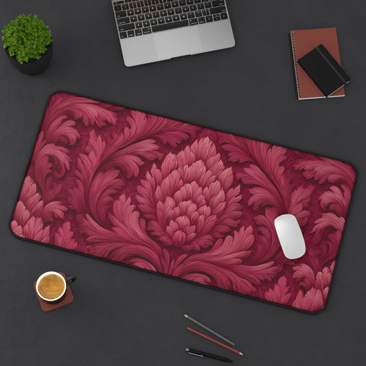 Ruby Red Desk Mat: Velvet-Look Damask Acanthus Design