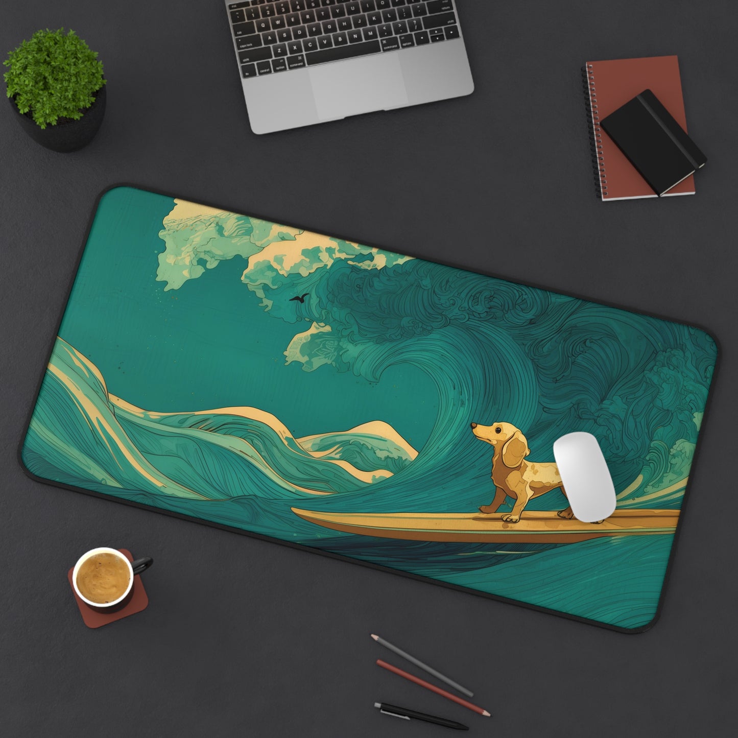 Surfing Dachshund Dog Ocean Wave Desk Mat