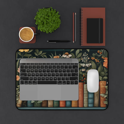 Bookshelf Desk Mat: Dark Academia Botanical Library Design