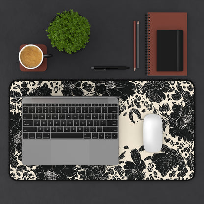 Vintage Black Floral Desk Mat: Cream & Ink Botanical Computer Pad