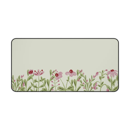 Pink Flower Desk Mat: Wildflower Meadow on Sage Green
