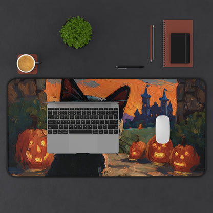 A large rectangular desk mat with a Halloween-themed painting of jack-o'-lanterns, a witch's hat, and a haunted castle, shown on a dark gray desk with a laptop, mouse, notebook, and plant.
