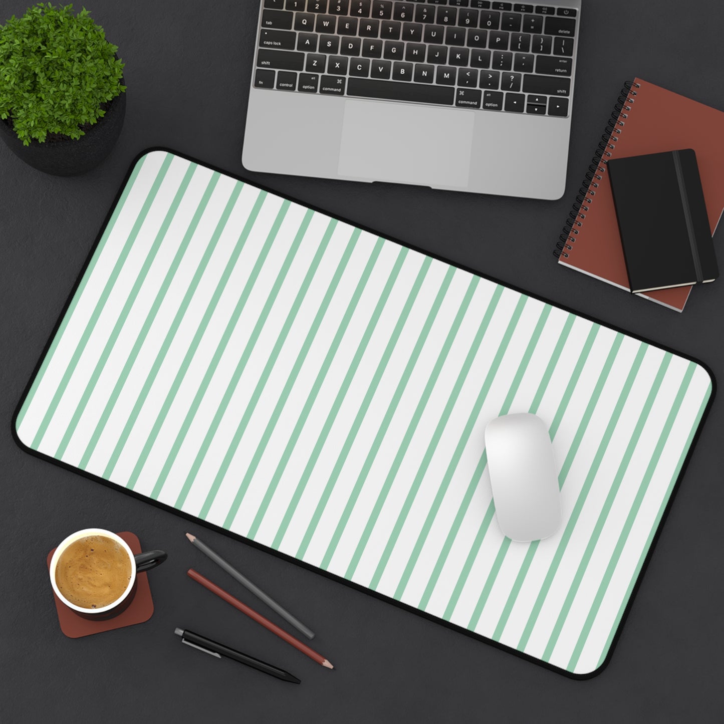 White and Mint Green Striped Desk Mat