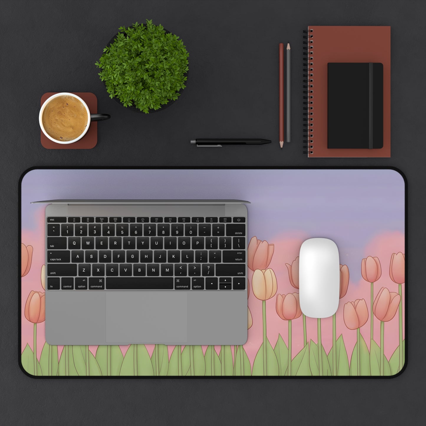 Pink Tulip Desk Mat: Soft Spring Kawaii Mouse Pad