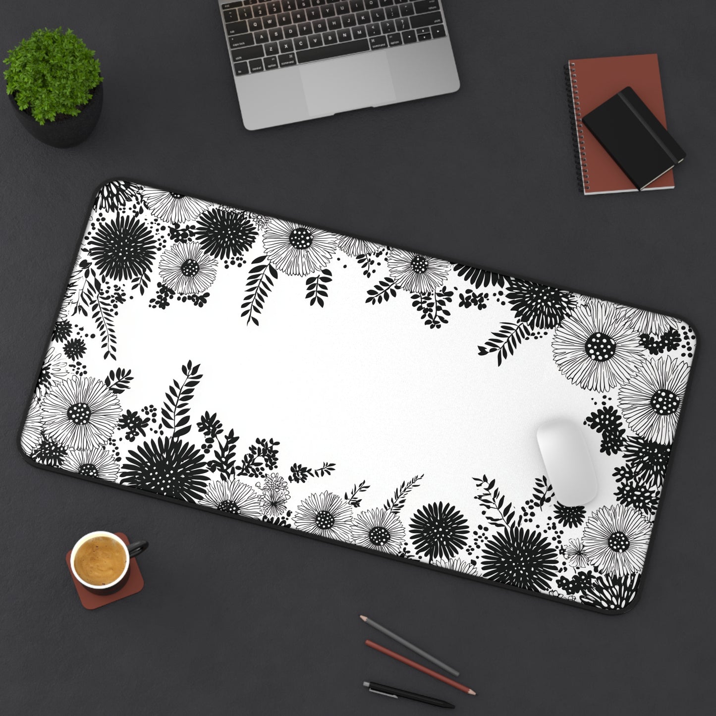 White Floral Desk Mat: Black Ink Flower Border Design