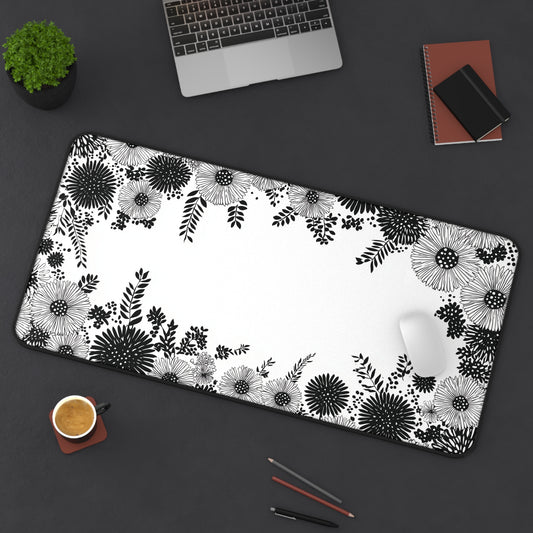 White Floral Desk Mat: Black Ink Flower Border Design