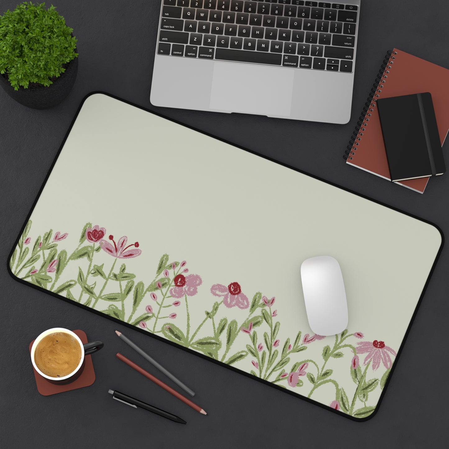 Pink Flower Desk Mat: Wildflower Meadow on Sage Green
