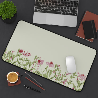 Pink Flower Desk Mat: Wildflower Meadow on Sage Green